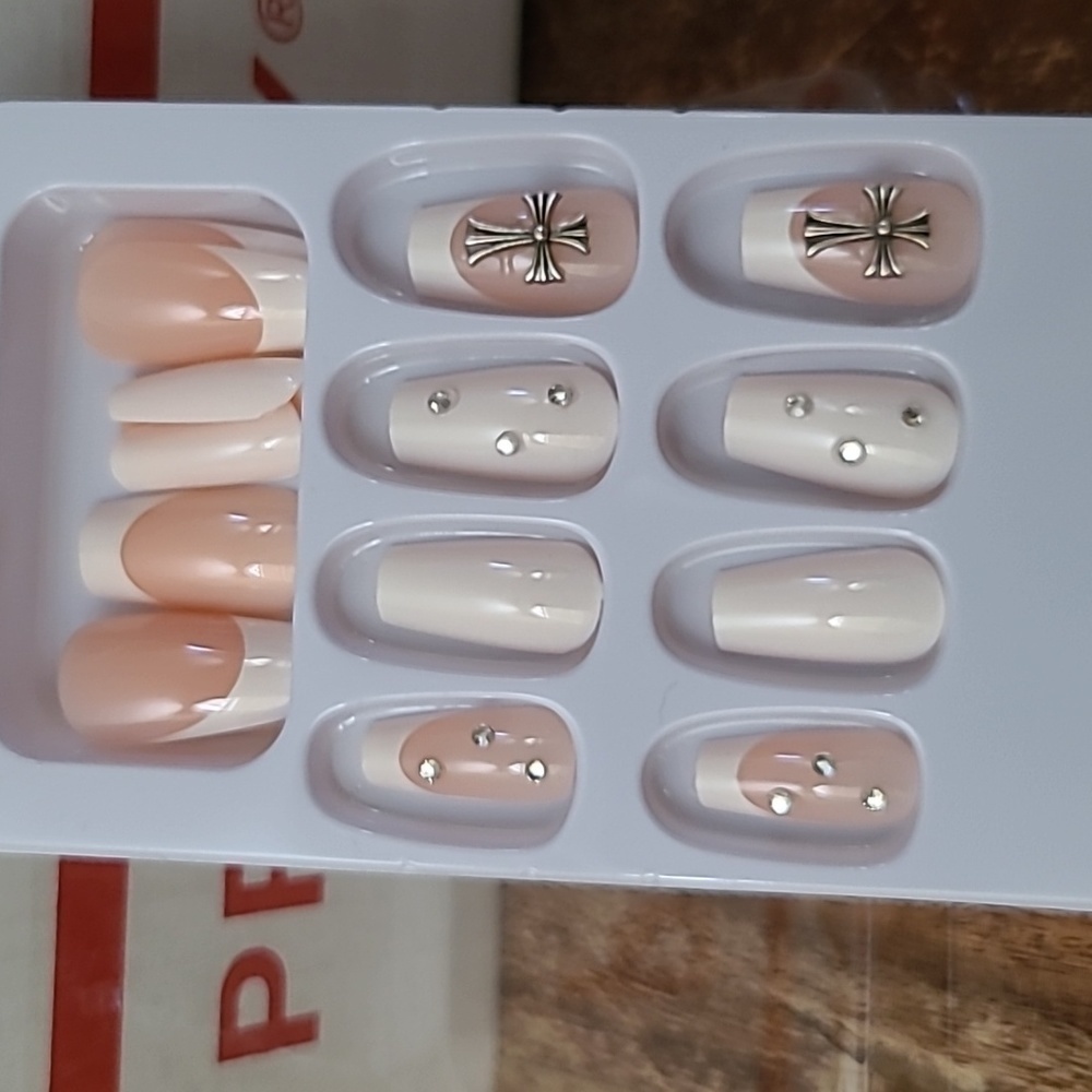 2/$16 Rhinestone Cross French Manicure Press On Nails